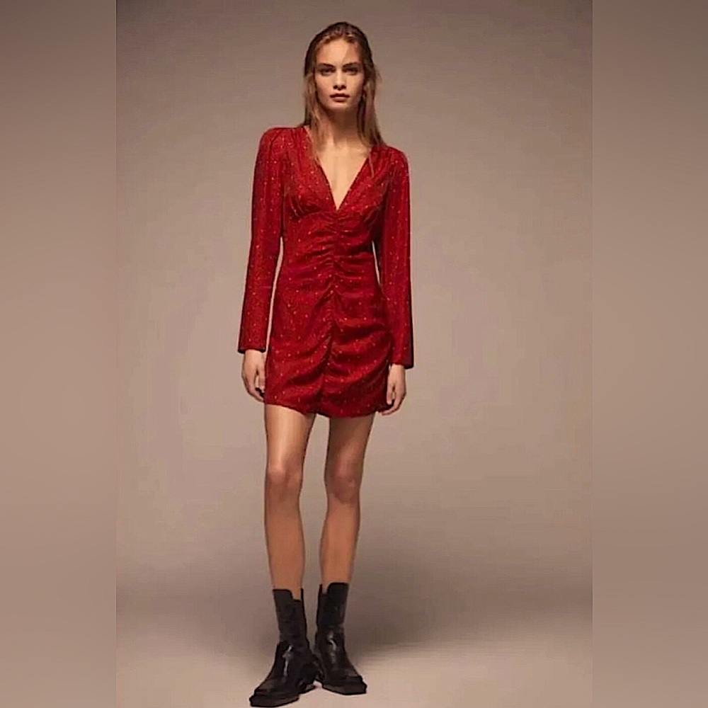 ZARA Red Black Print Side Ruched V-neck Long Sleeve Mini Dress
